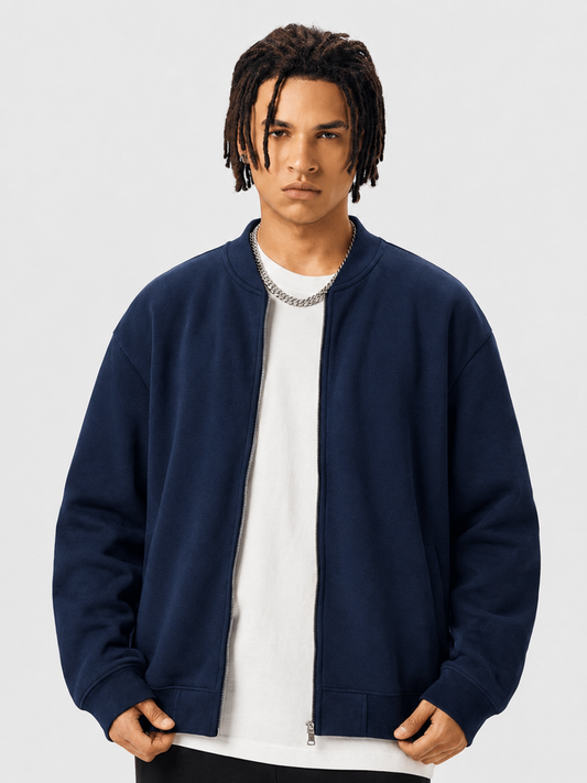 Apollo navy fleece zip-up baseball jacket by Apollo Moda, main product view