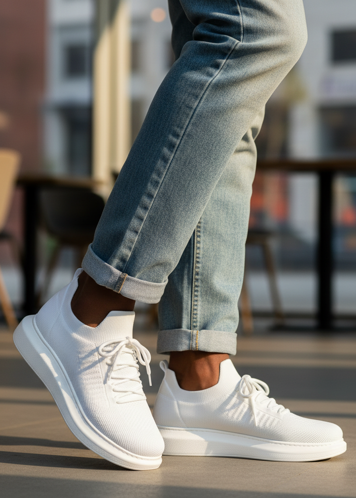 Torino Snowy Peak knit sneaker in white by Apollo Moda, worn with rolled-up jeans