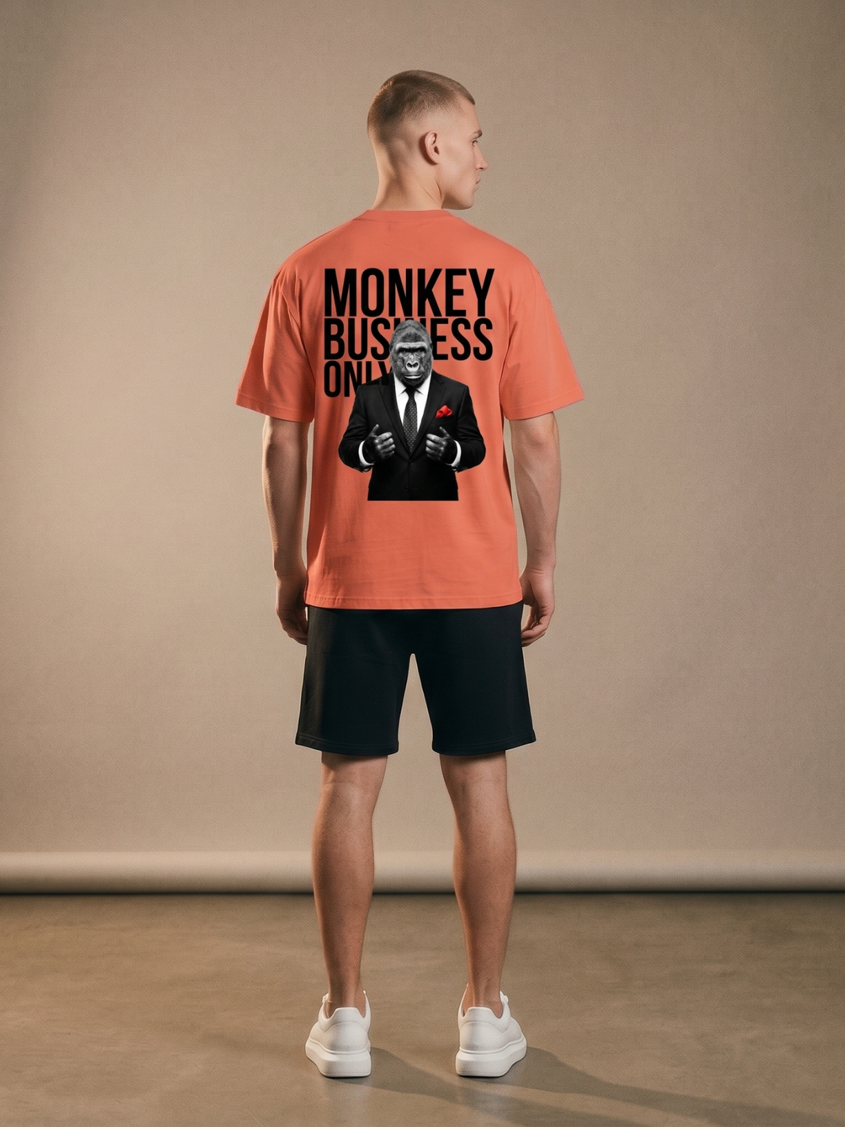 Monkey Business Only oversized graphic tee in orange by Apollo Moda, detail view 1