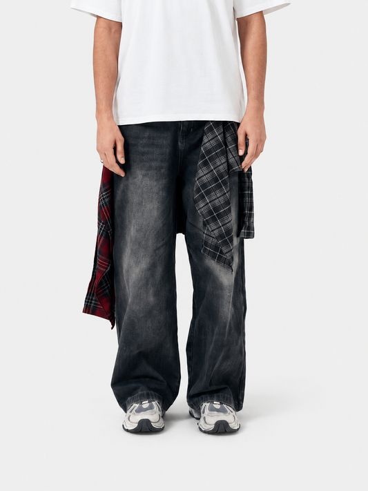 Plaid Overskirt Washed Straight-Leg Denim Jeans