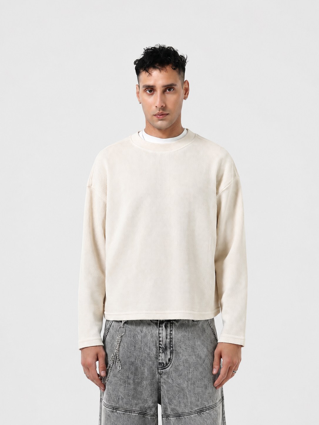 Waffle Knit Cropped Crewneck Long-Sleeve