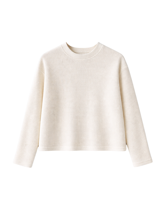 Waffle Knit Cropped Crewneck Long-Sleeve