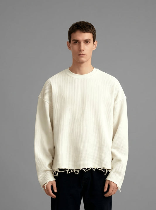 Waffle Knit Distressed Hem Oversized Crewneck Long-Sleeve