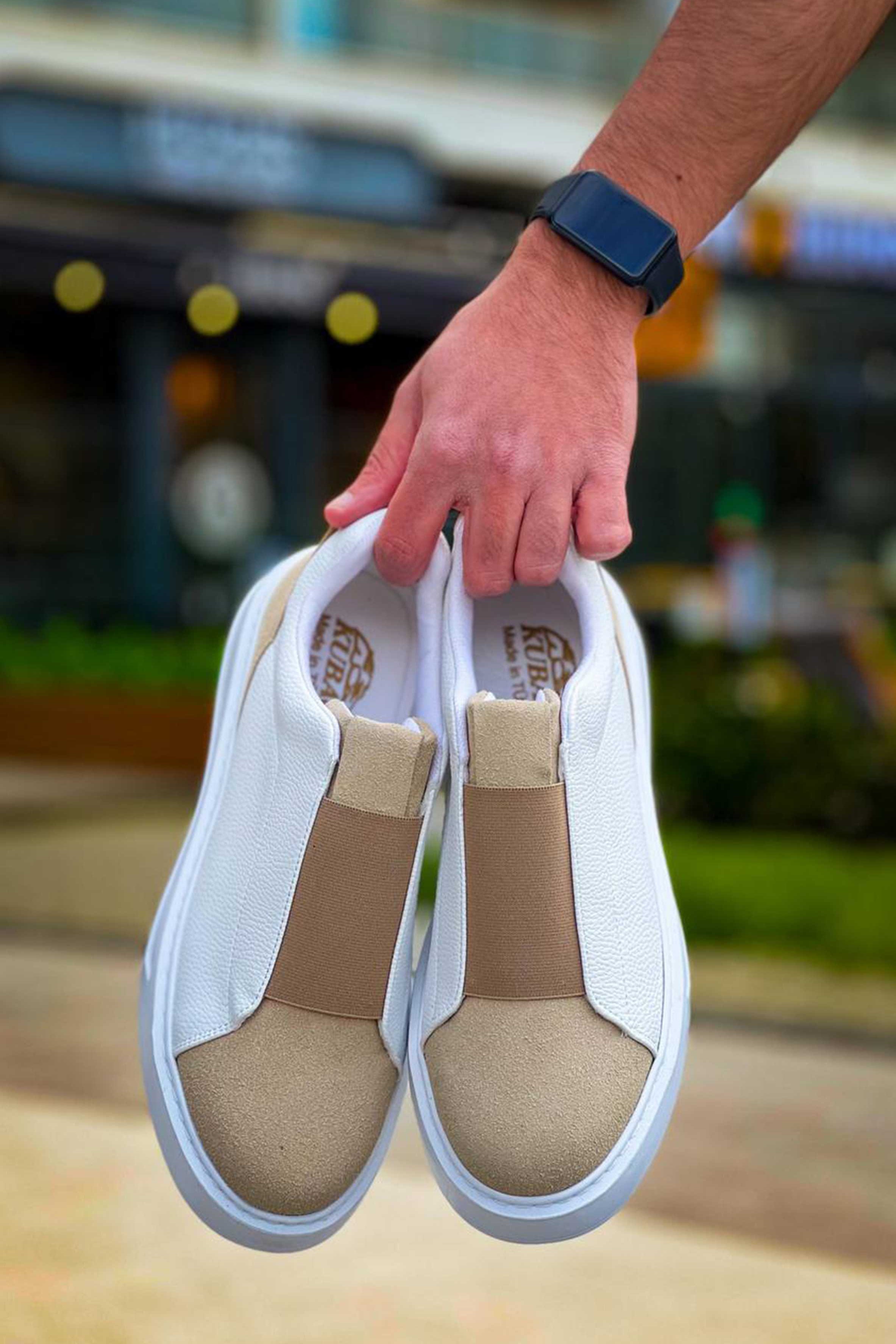 Izmir X-5 slip-on sneaker in white and beige by Apollo Moda, view 5
