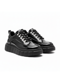 Vega Obsidian patent black platform sneaker with metal hook eyelets by Apollo Moda, third angle