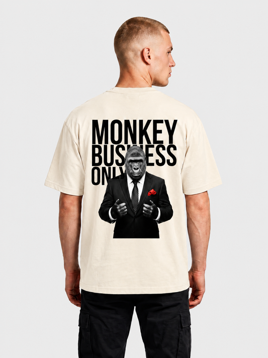 Monkey Business Only oversized graphic tee in beige by Apollo Moda, worn by model